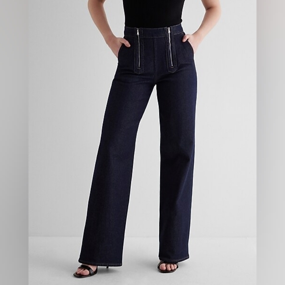 Express High Waisted Rinse Exposed Double Zipper Wide Leg Jeans - Picture 3 of 10